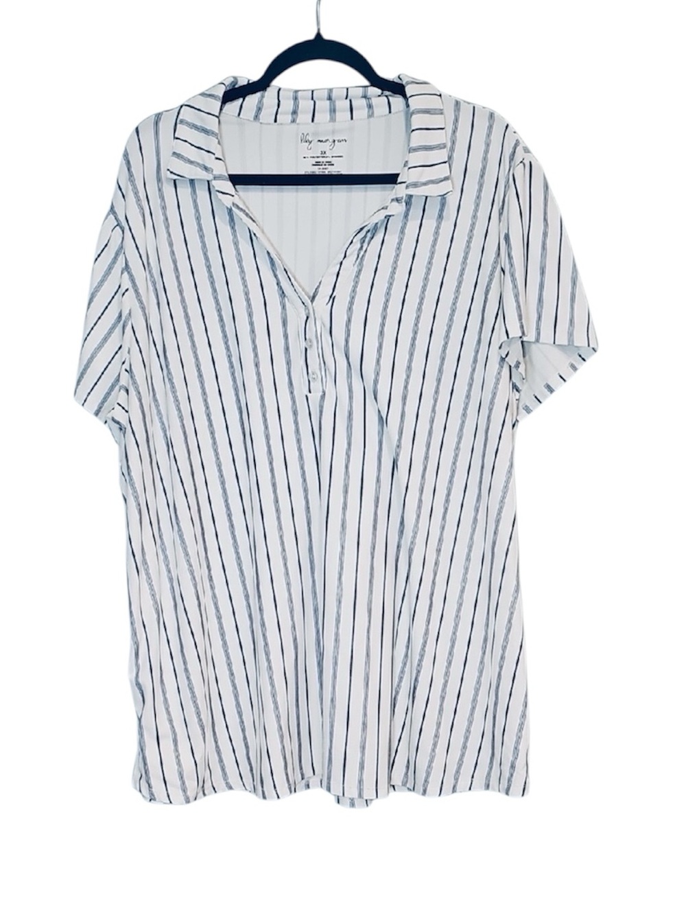 💚 White & Navy Stripe Collared Top, Size 3X